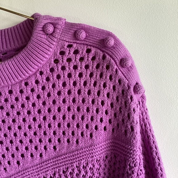 J.Crew Elbow-Sleeve Sweater Crocheted Shoulder Buttons Purple 100% Cotton - Picture 4 of 5